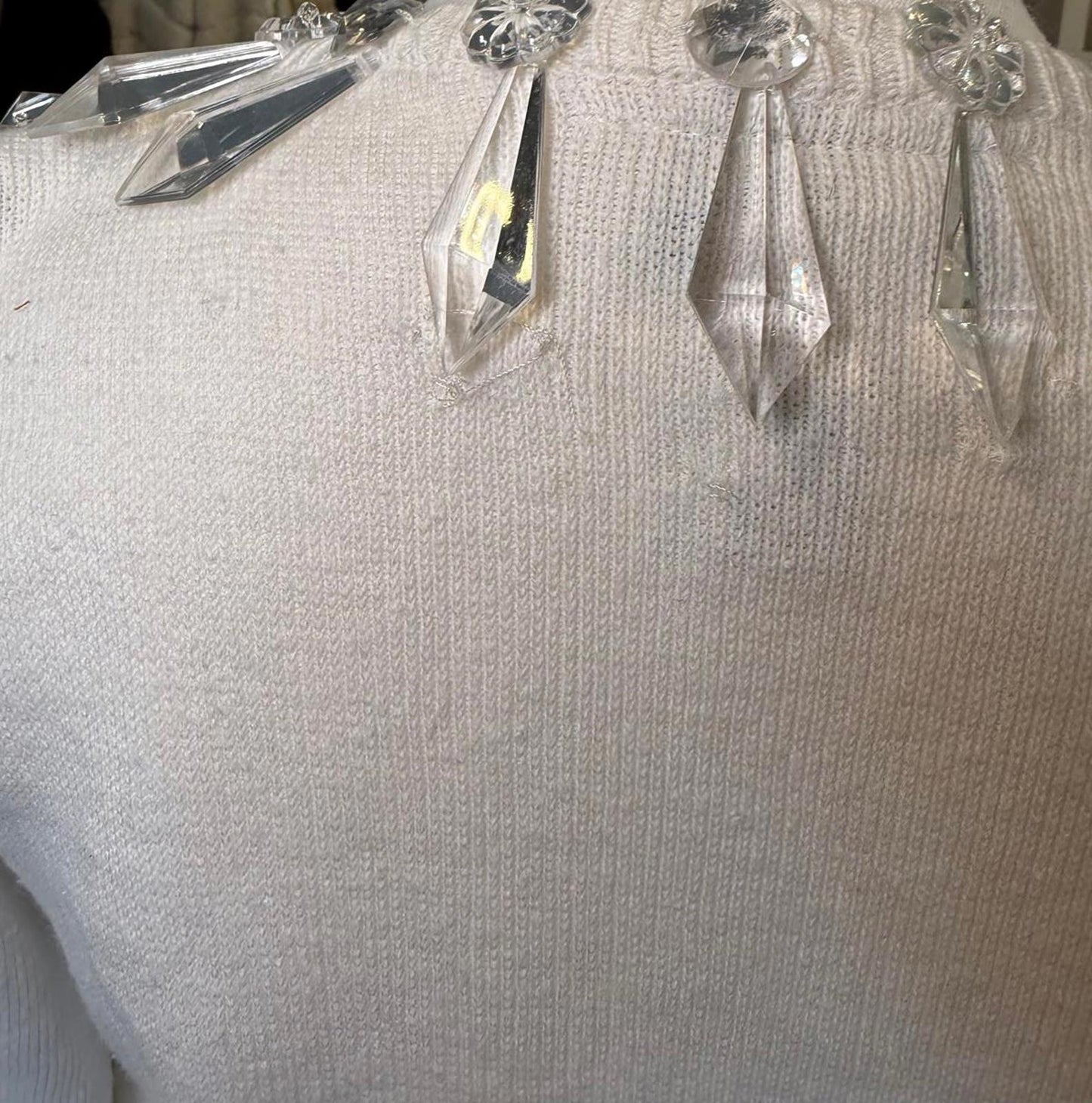 Bonnie Boerer Vintage White Knit V Neck Sweater w/ Crystal Ornaments, Small