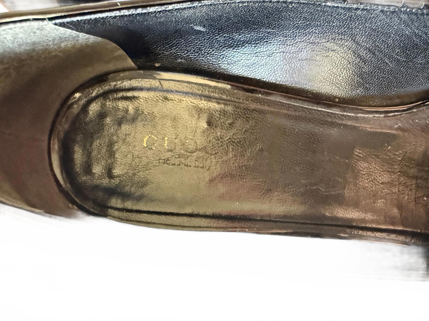 Gucci Black Patent Leather Wedge Heels with Gold Horsebit Detail, EU 39