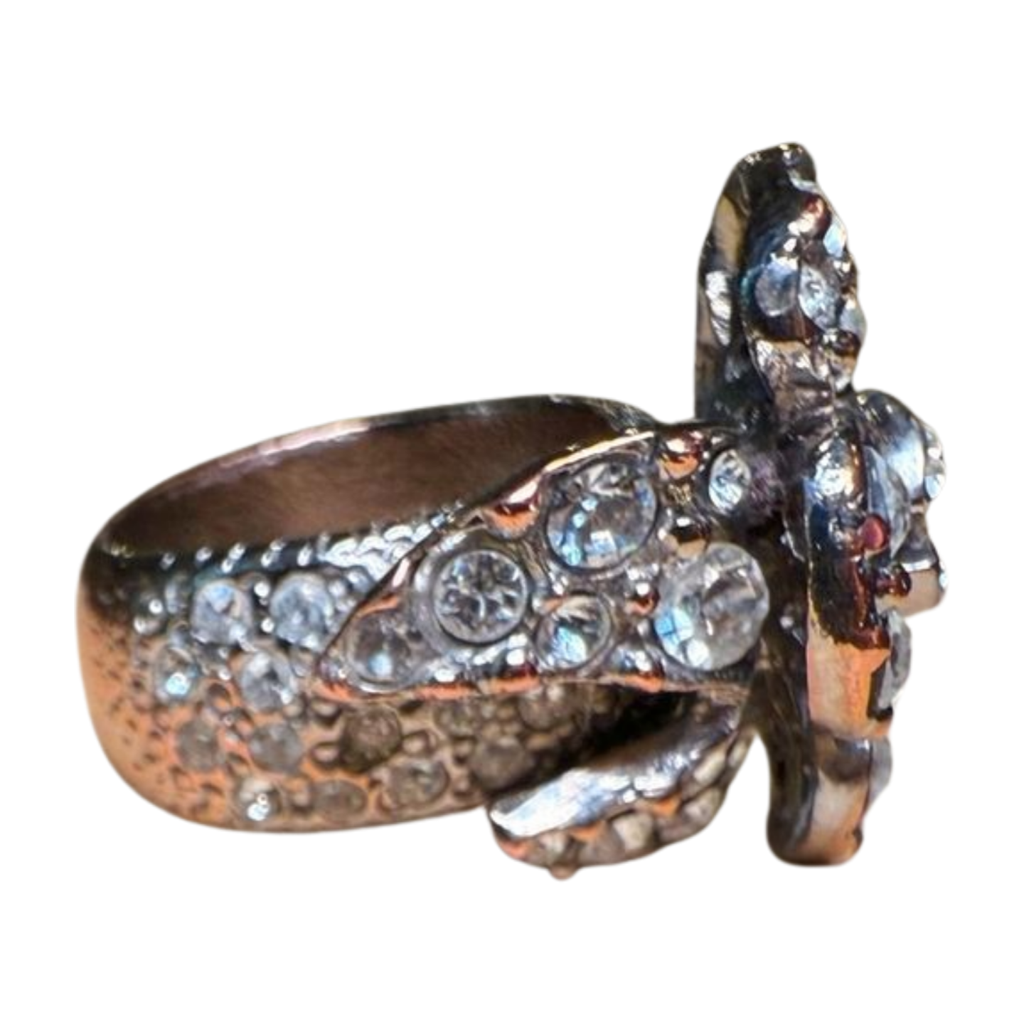 Chanel Camellia Flower Ring, Silver-Tone with Rhinestones, Size 6.75