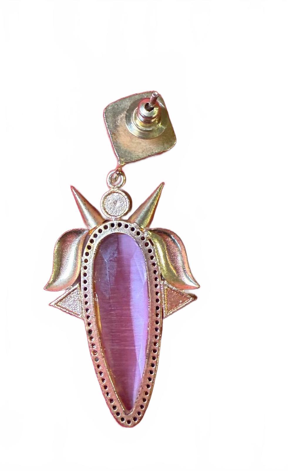 New Nazila Couture Pink Gemstone and Abalone Earrings with Gold Spikes