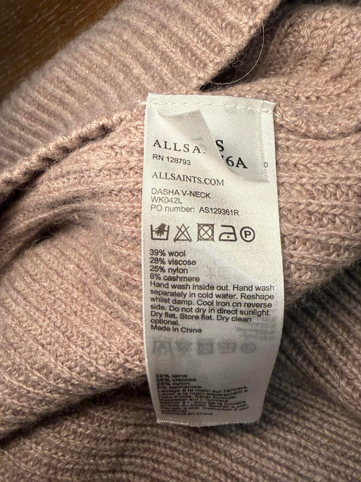 All Saints Dasha Sweater Beige Cold-Shoulder Ribbed Knit Sweater, XS (oversized)