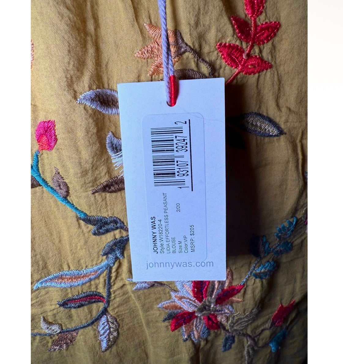 New Johnny Was Womens Peasant Blouse Size M Mustard Yellow Floral Embroidered