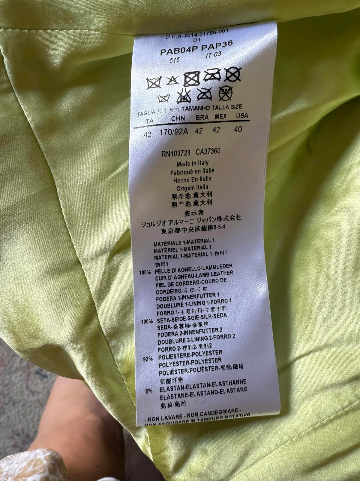 Georgio Armani Light Green Lamb Leather Jacket, IT 42