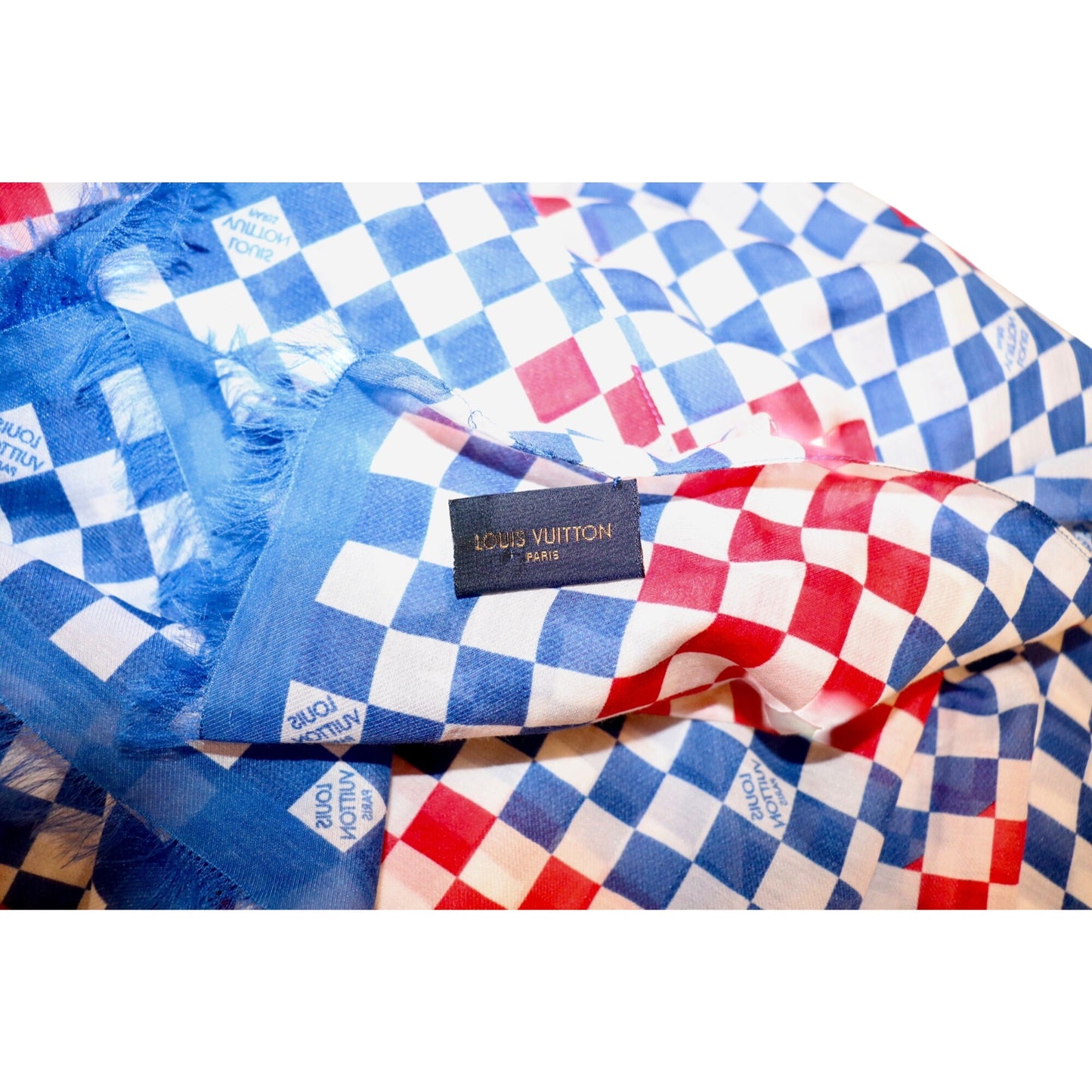 Louis Vuitton Paris Blue Red White Checkered Cotton Silk Scarf With Fringe Trim