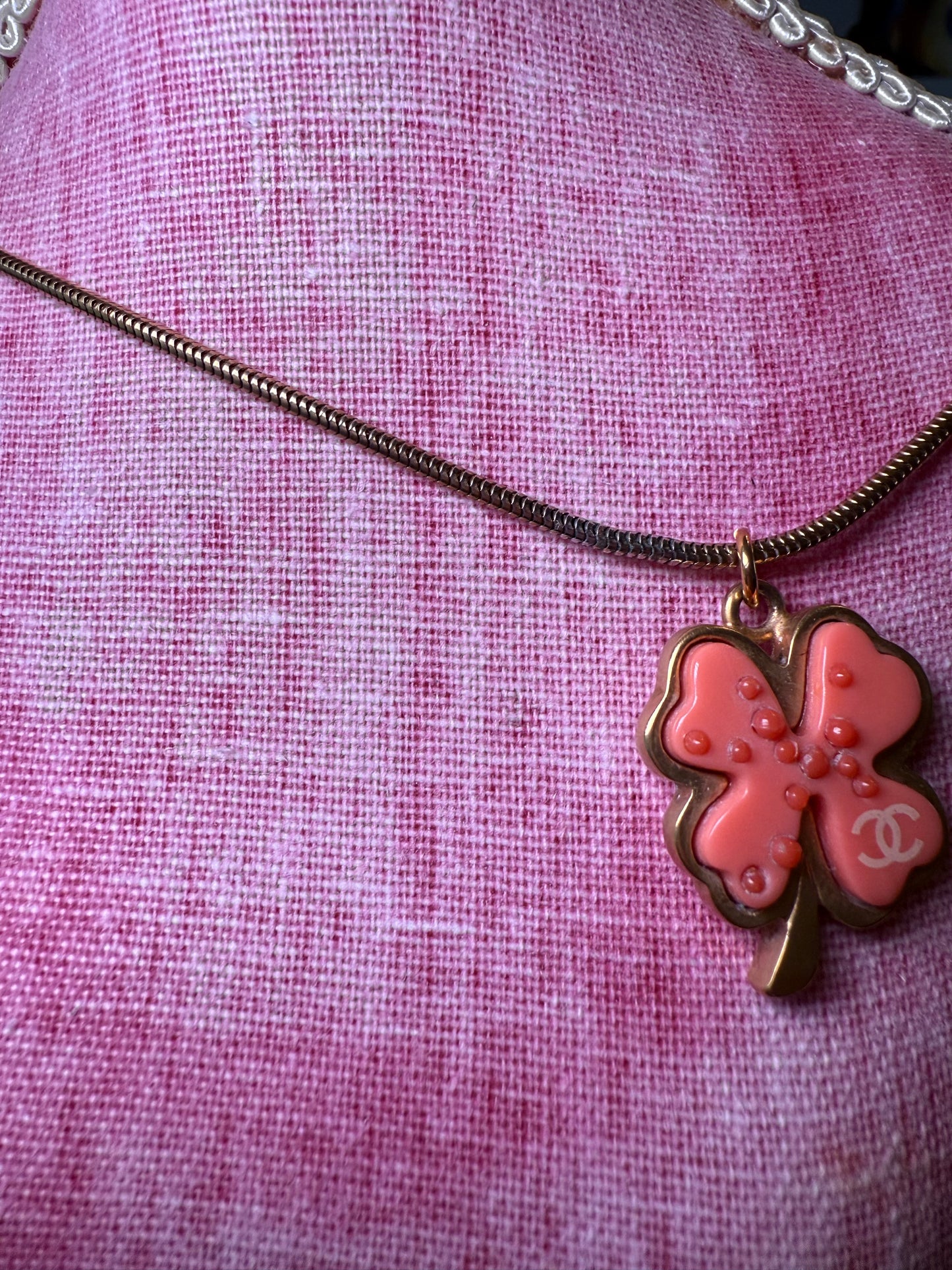 Long Chanel Coral Clover Pendant Necklace