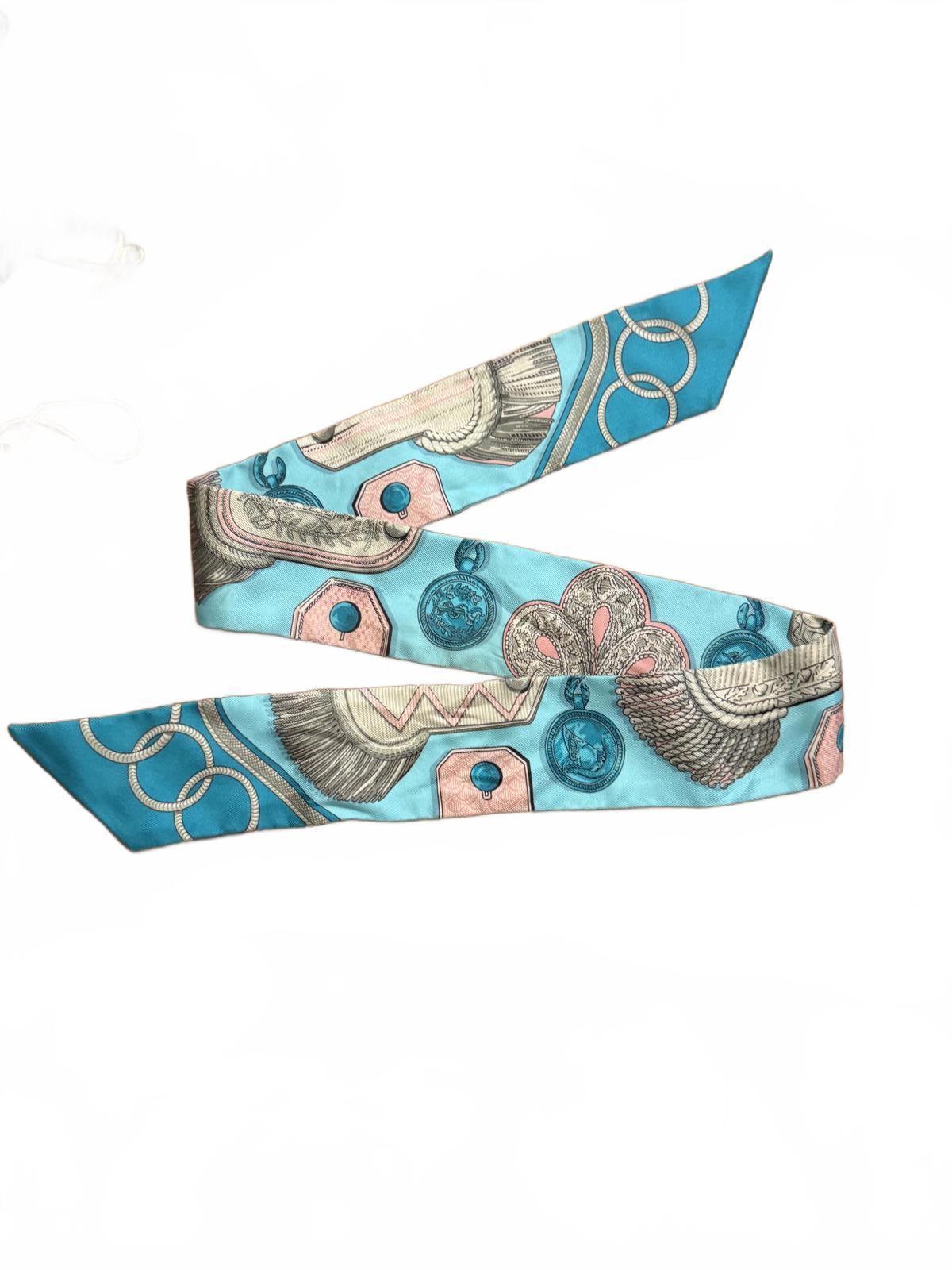 Hermes Blue Patterned Silk Twilly with box