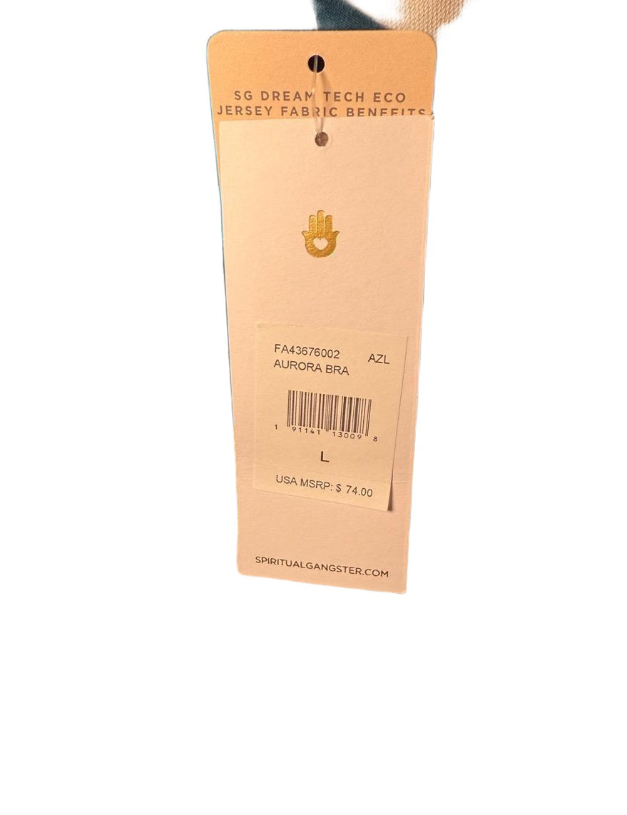 New Spiritual Gangster Sports Bra, Size L – Two-Tone Teal Aurora Racerback w/ Gold Hamsa Logo