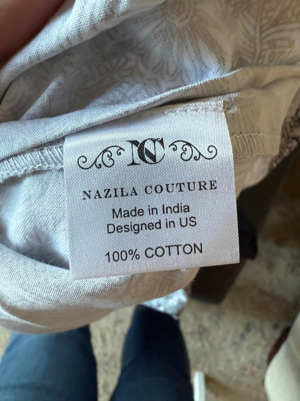 New Nazila Couture 100% Cotton Printed Top with Sheer Puff Sleeves – Size XXL