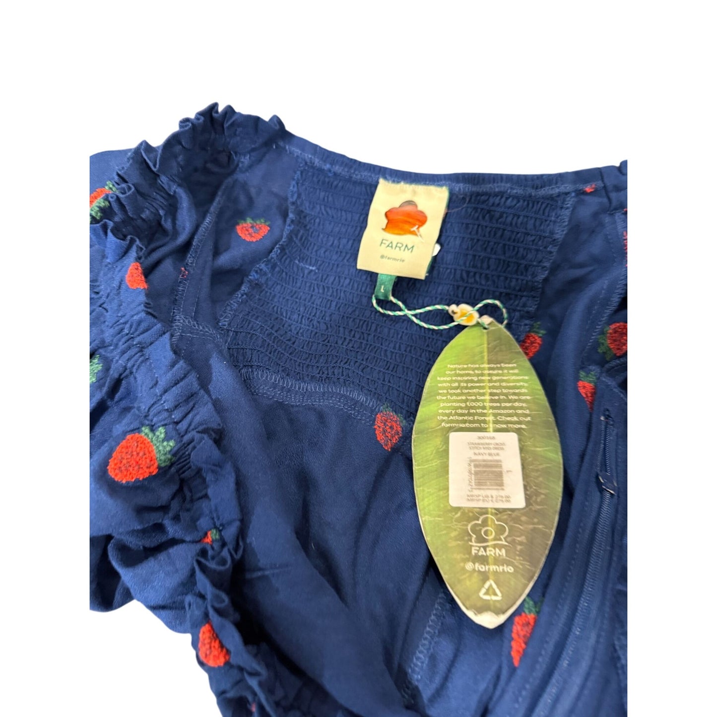 Farm Rio Strawberry Cross Stitch Midi Dress, Large NWT