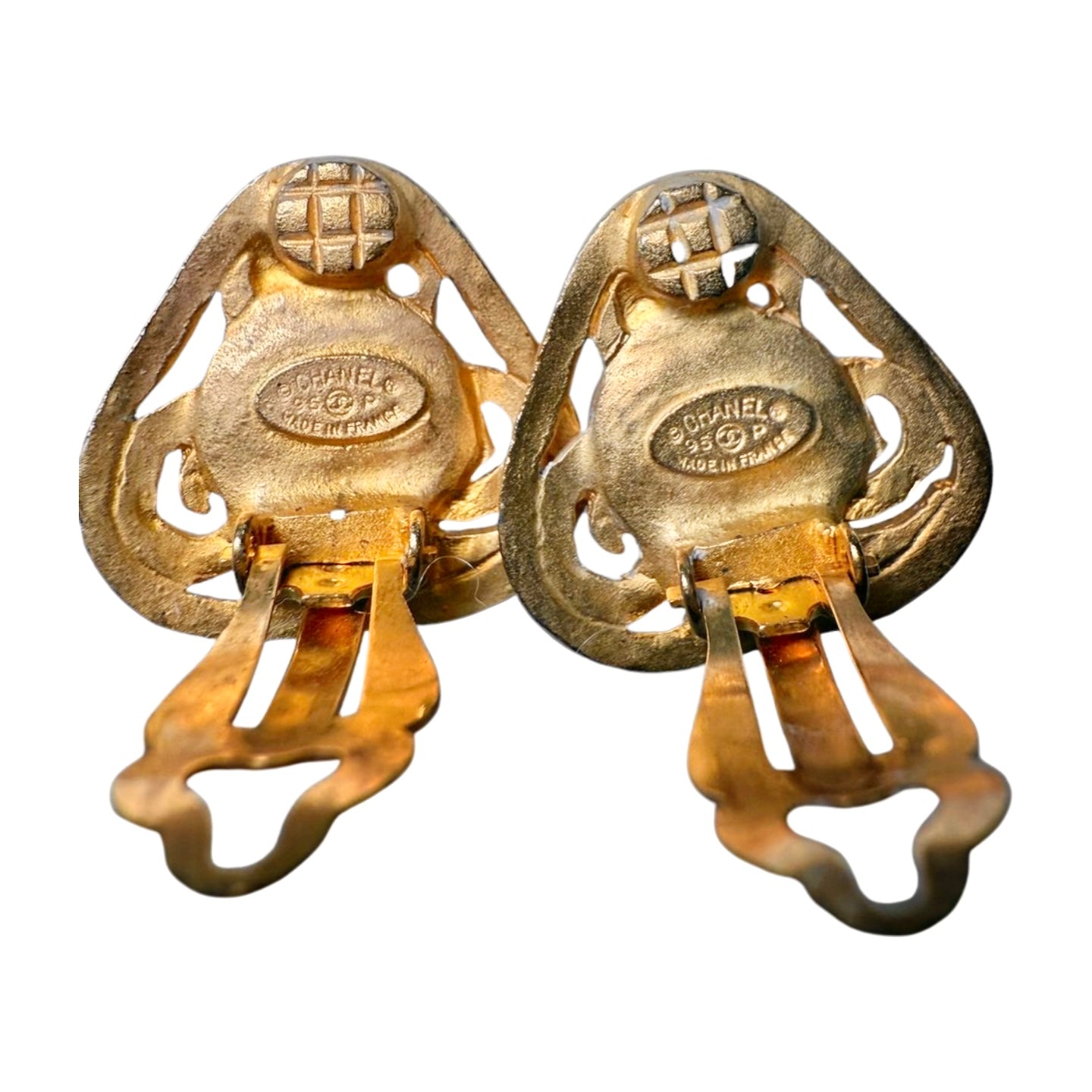 Vintage Chanel 1995 Pearl Triangle Gold Plated Clip-On Earrings