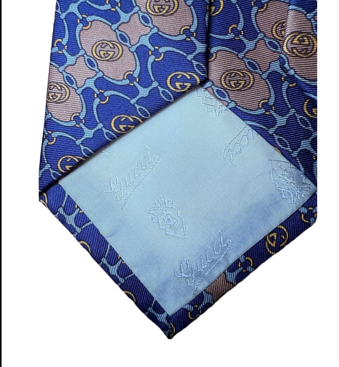 Gucci Vintage Silk Tie, Men’s, Blue & Gold Jacquard GG Logo with Equestrian Motif