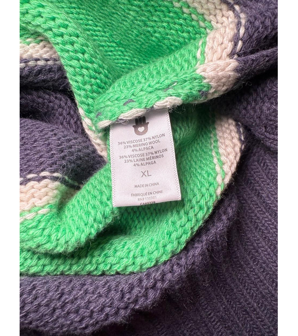 New Spiritual Gangster Navy Green Striped Collared V-Neck Cropped Sweater, Size XL