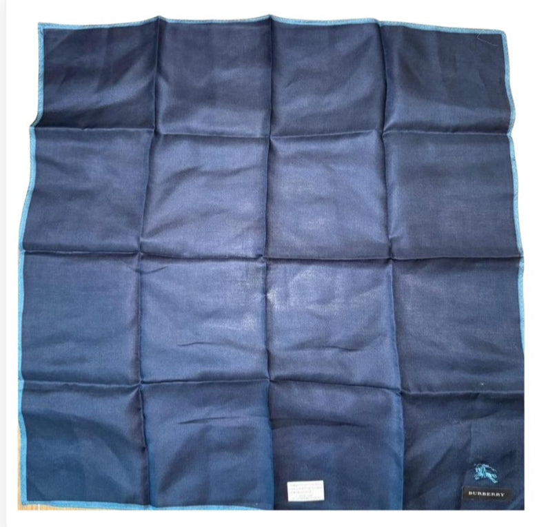 New Burberry Handkerchief Pocket Square Mens Dark Blue Light Blue Trim