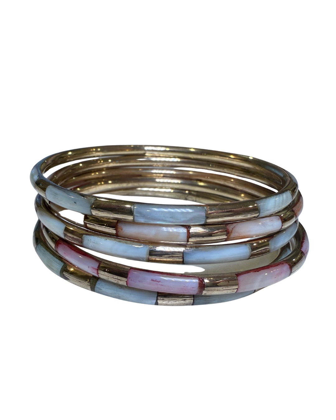 Mother of Pearl & Brass Bangles – White, Pink, and Orange Tones