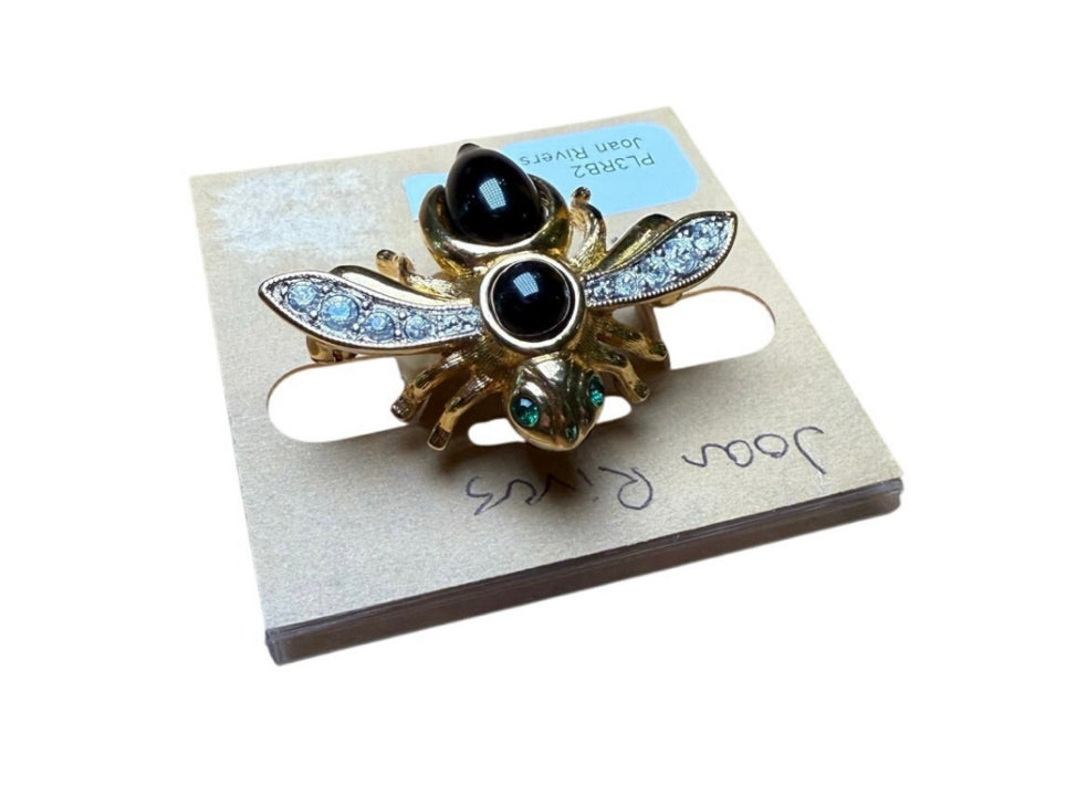 Joan Rivers Classics Collection Bee Pin – Gold Tone with Black Onyx Cabochon Body, Emerald Green Glass Eyes & Crystal Accents (PL3RB2)