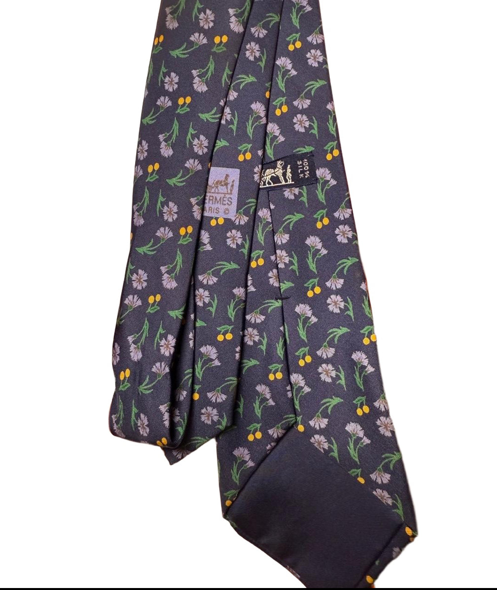 Hermes Mens Silk Tie Dark Blue Floral Fruit Pattern