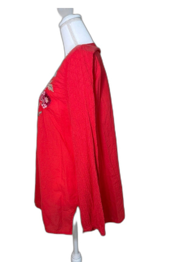 Johnny Was Sonya Floral Embroidered Popover Blouse, Size Large