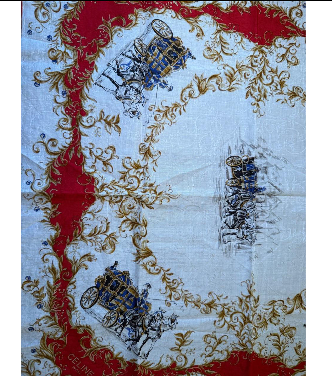 Celine Handkerchief White Red Gold Blue Cotton Horse Carriage Print Vintage Equestrian