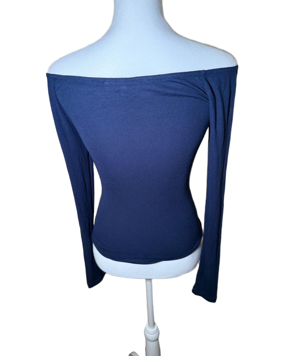Favorite Daughter Womens Small Navy Off Shoulder Ribbed Top Long Sleeve