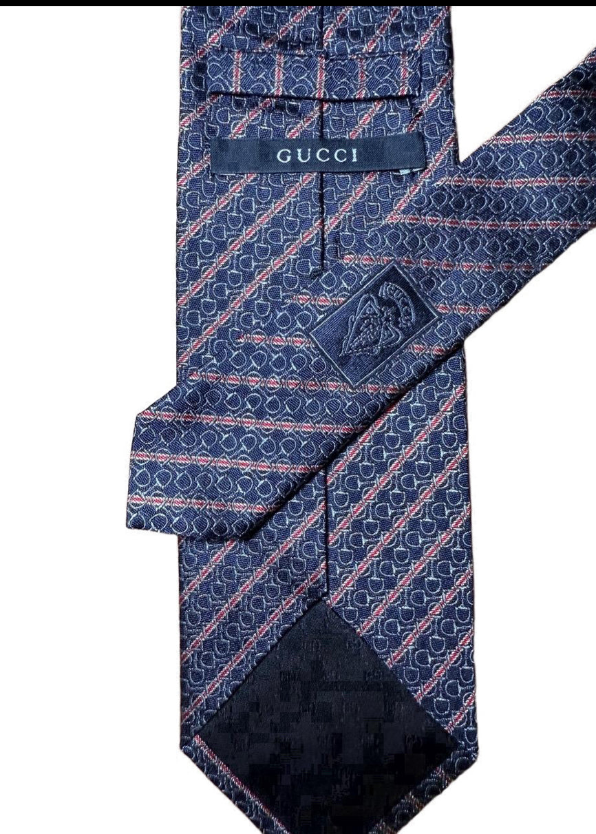 Gucci Tie Mens Navy Red Horsebit Pattern