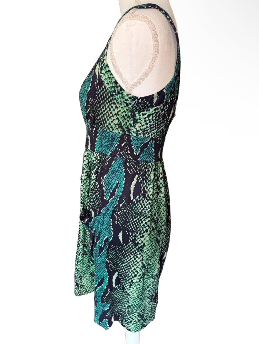 Diane Von Furstenberg Mini Dress Womens Size 10 Green Snakeskin Silk