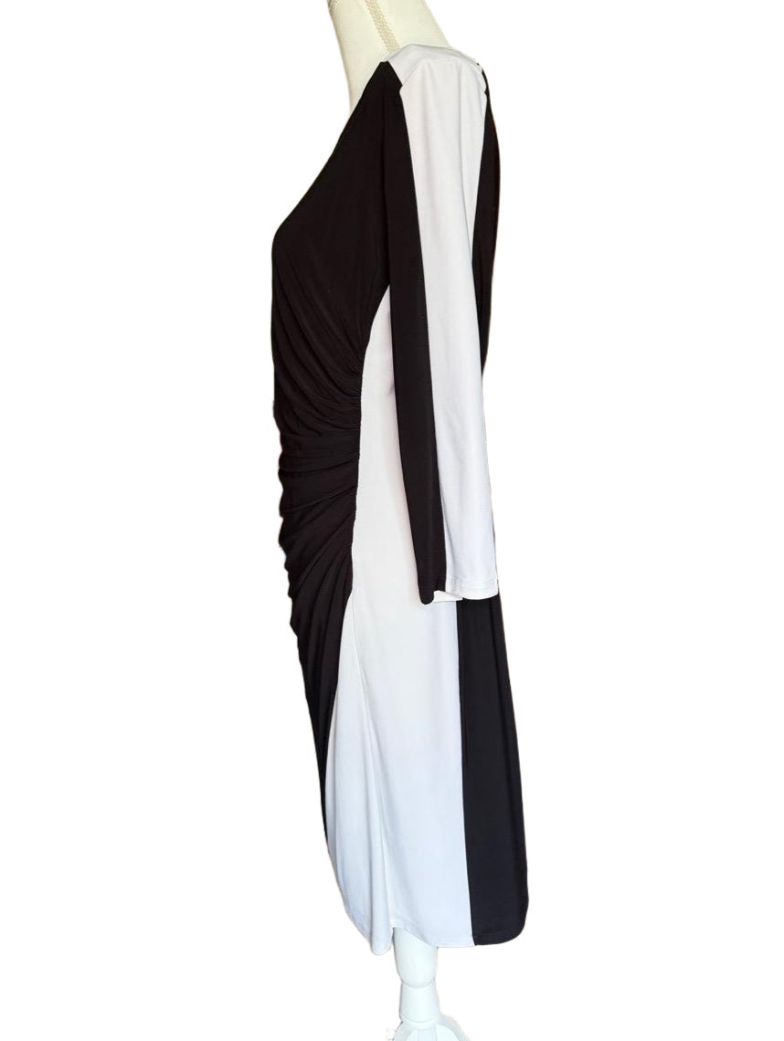 Lauren by Ralph Lauren Womens Size 12 Black White Colorblock Ruched Midi Dress