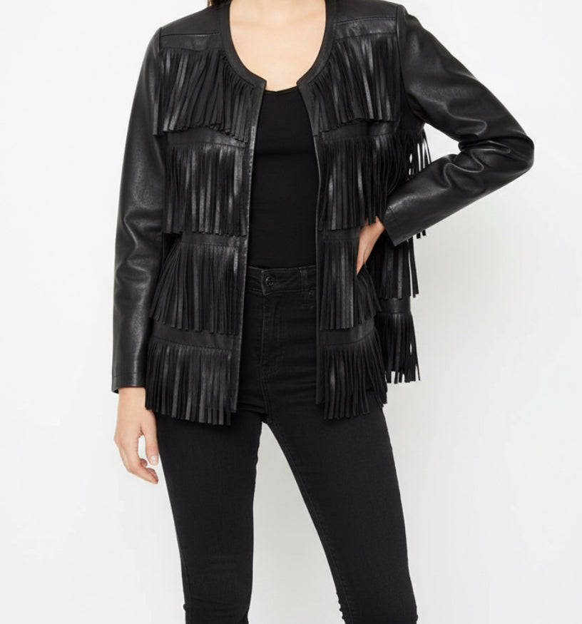 Grayse Black Fringe Leather Tiered Jacket, Size L