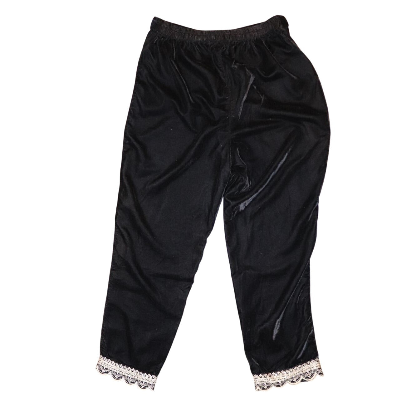 Nazila Couture Black Velvet Lace Trim Pants, Small/ Medium