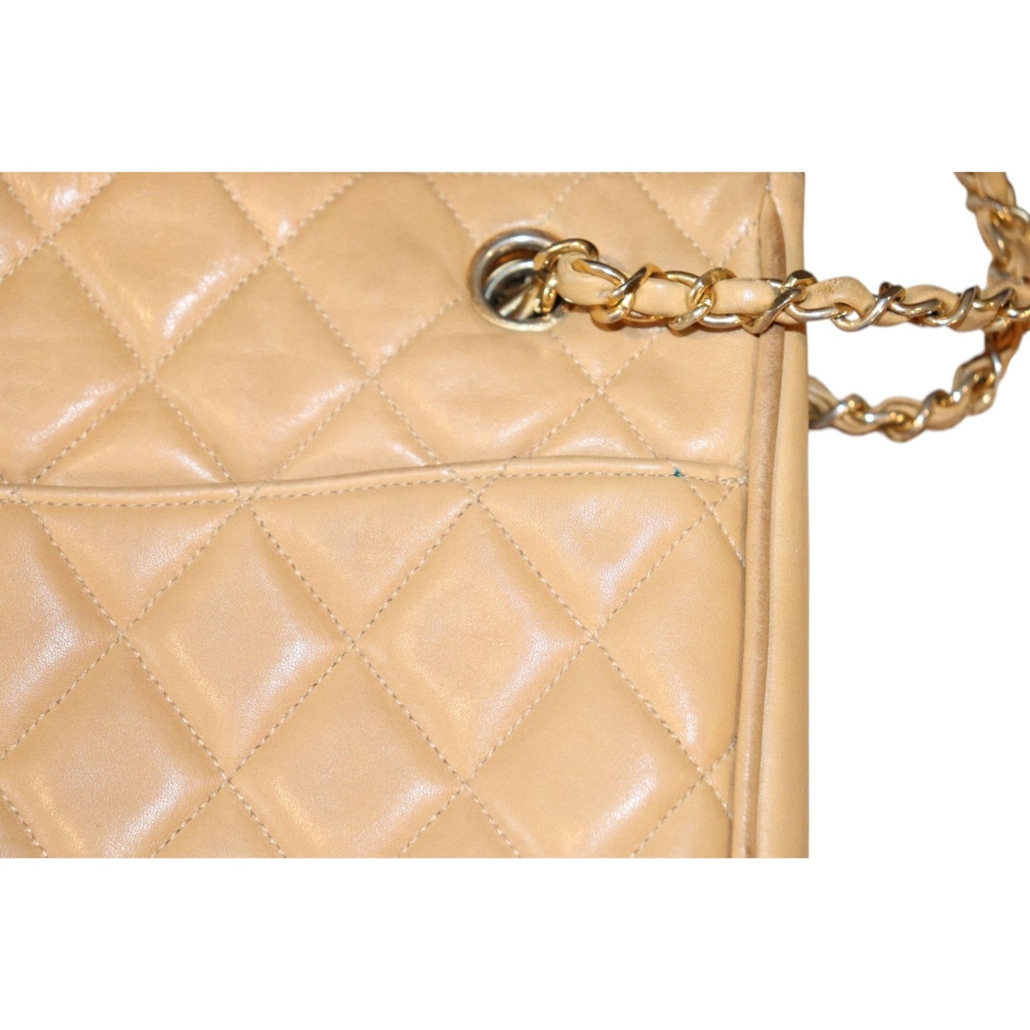 Chanel Quilted Beige Lamb Leather Shoulder Bag With Chain Strap & CC Charm