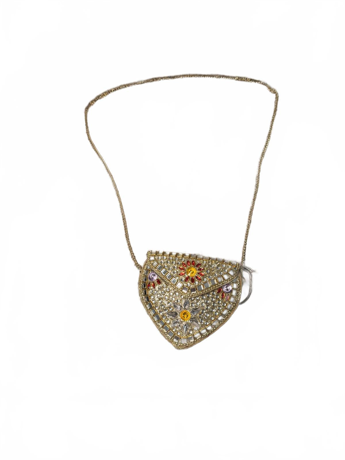 Bejeweled Gold Tone Metal Mini Purse with Floral Design