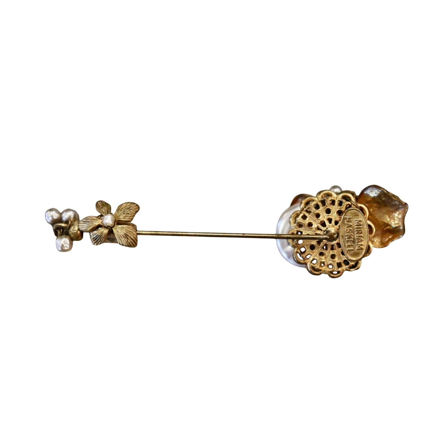 Miriam Haskell Gold Stick Pin With Faux Pearls & Floral Design