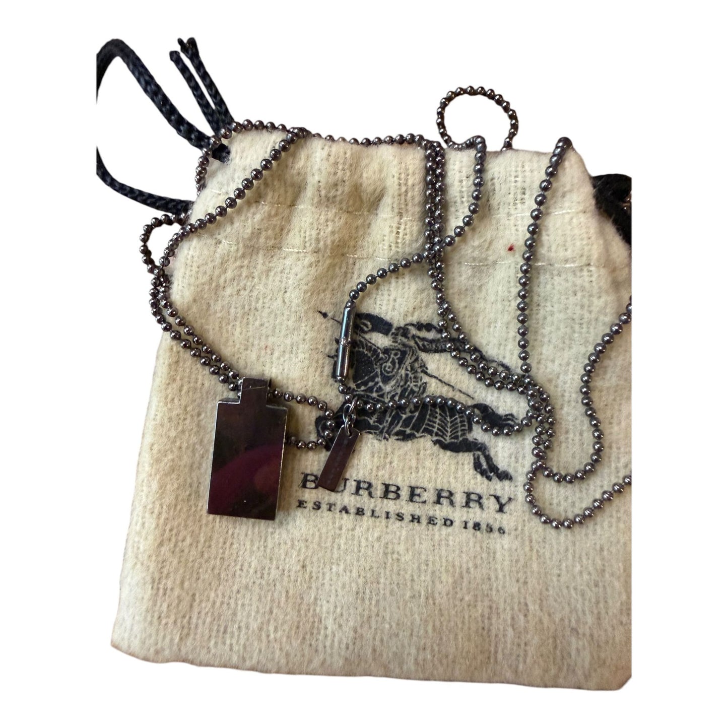 Burberry Mens Gun Metal-Tone Pendant Necklace With Drawstring Dust Bag