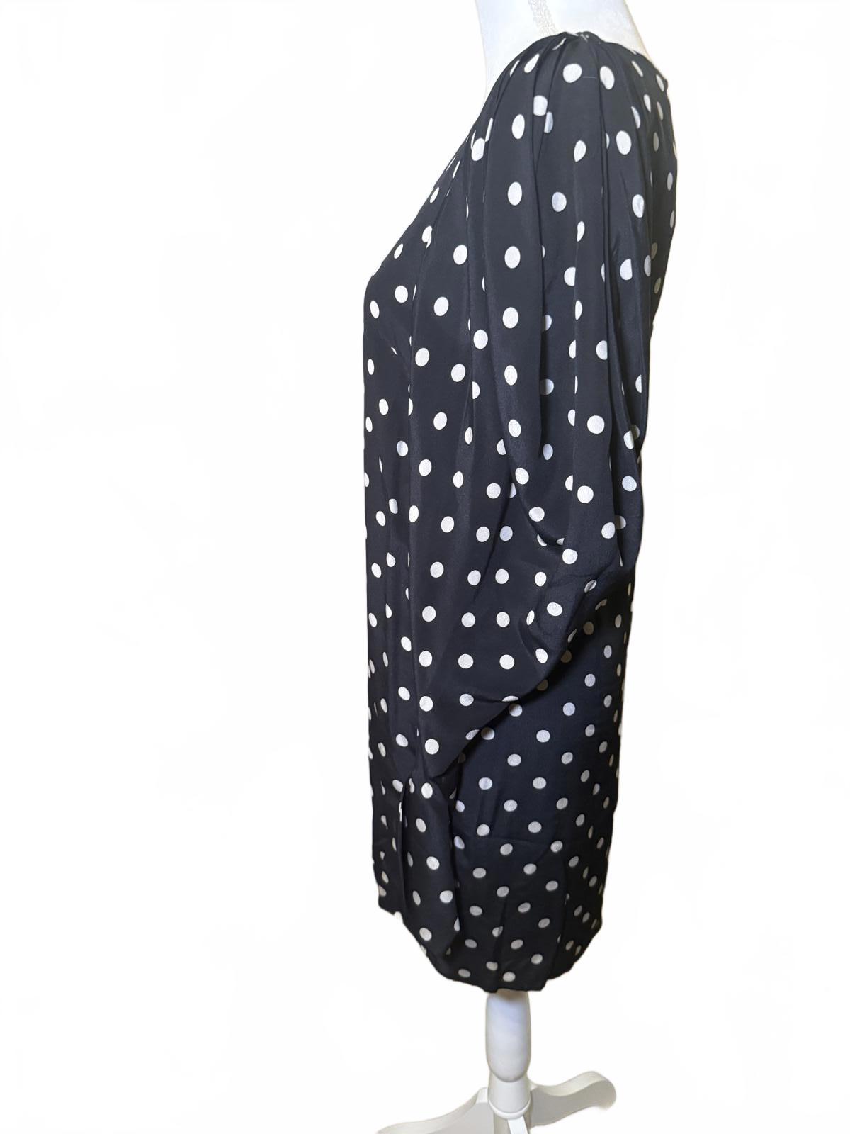 New Nina Ricci Black and White Polka Dot Long Sleeve Silk Dress, FR 36