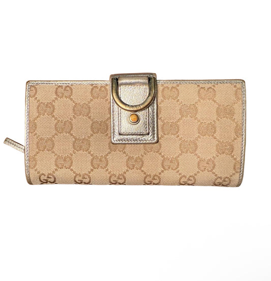 Gucci Wallet Womens Beige Metallic Gold Continental GG Canvas