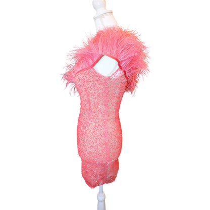 Bronx & Banco Lulu Coral Mini Dress Size 2/XS Polyester & Ostrich Feather, NWT