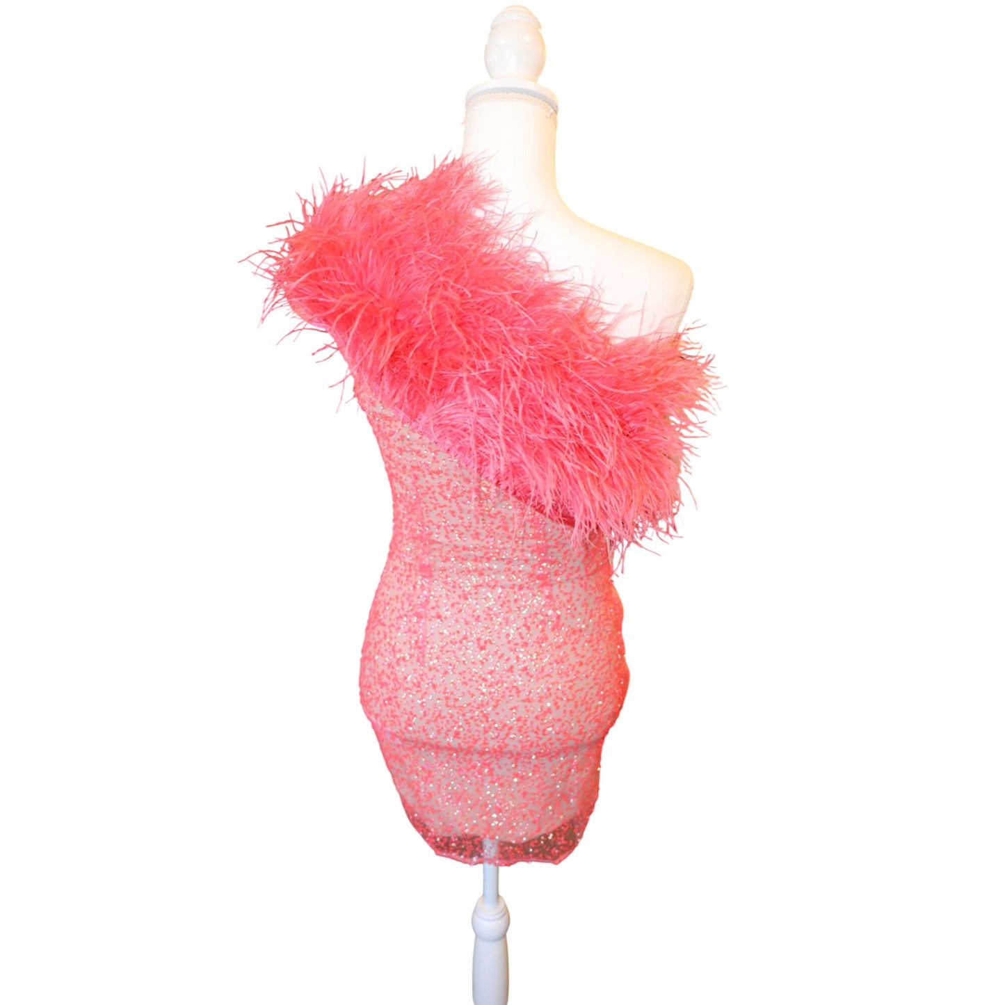 Bronx & Banco Lulu Coral Mini Dress Size 2/XS Polyester & Ostrich Feather, NWT