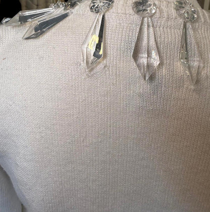 Bonnie Boerer Vintage White Knit V Neck Sweater w/ Crystal Ornaments, Small