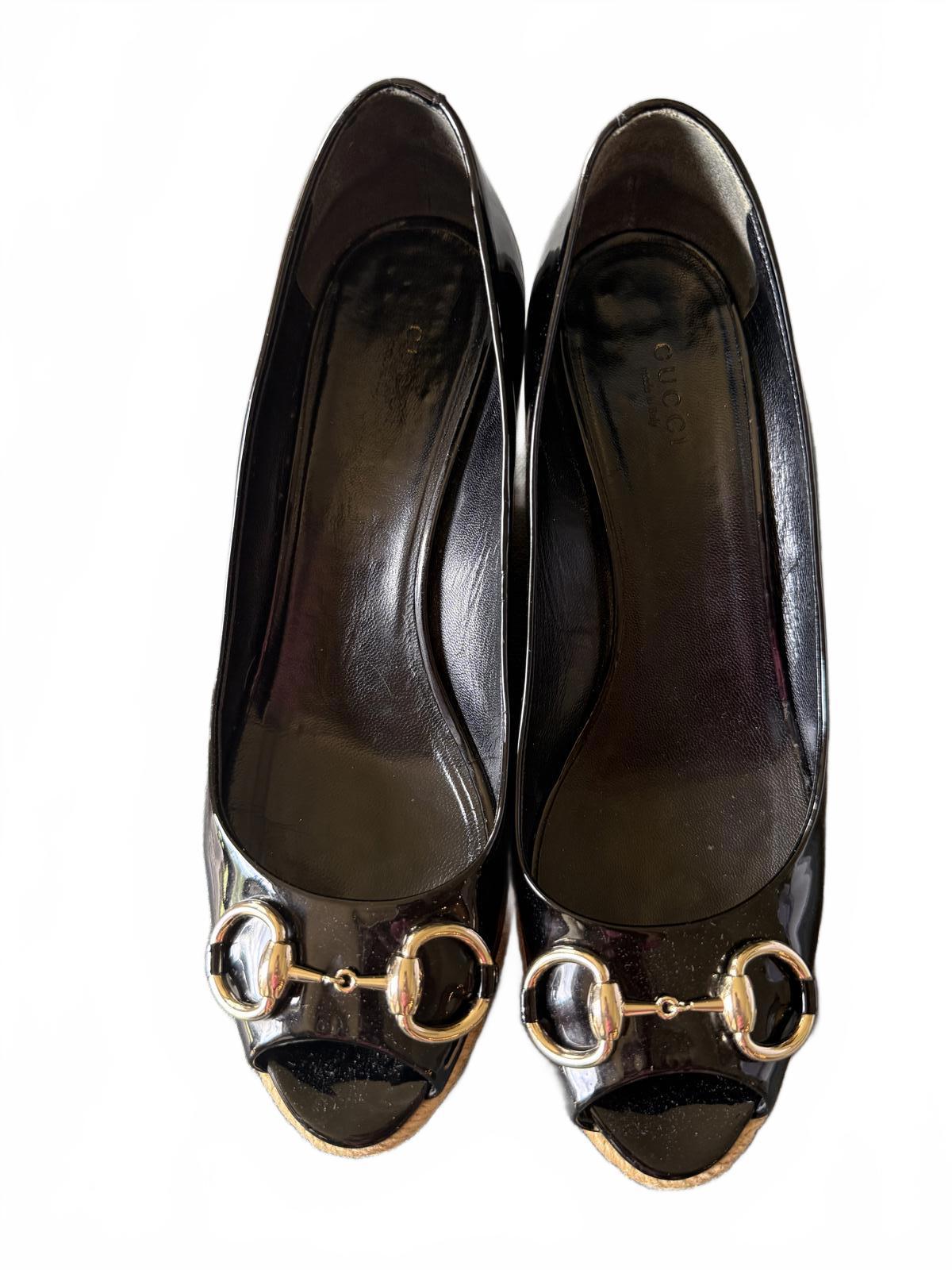 Gucci Black Patent Leather Wedge Heels with Gold Horsebit Detail, EU 39