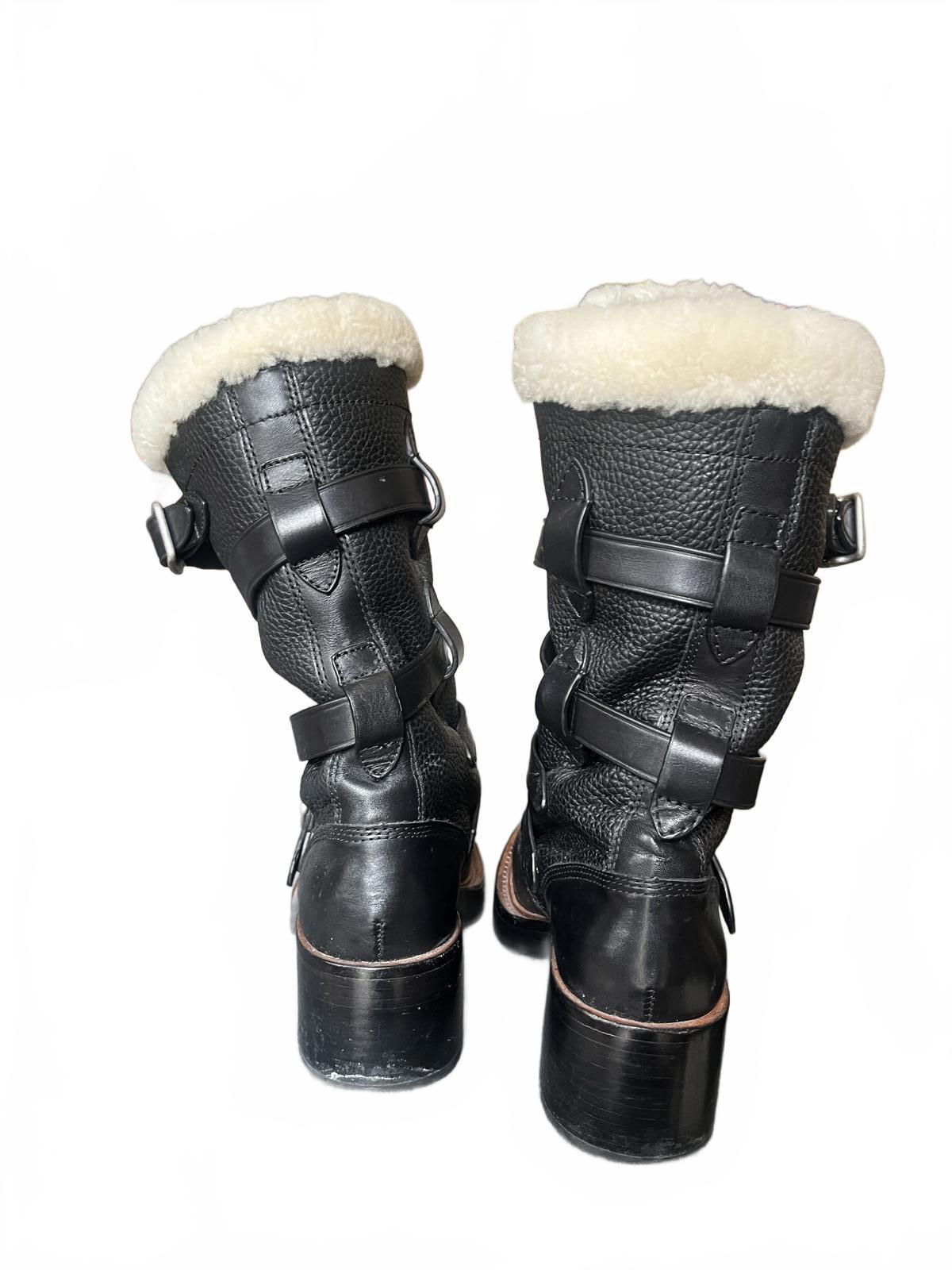 COACH 7.5 Black Leather Women's Motto Boots with Shearling Lining and Buckle Straps