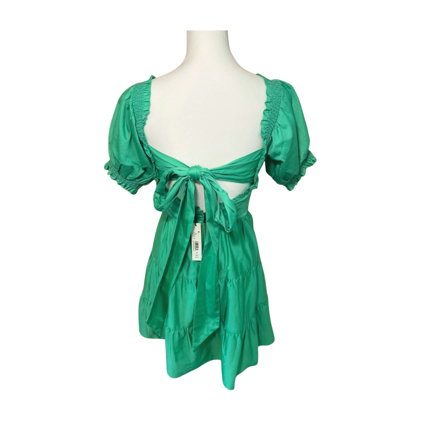 New Alice + Olivia Smocked Puff Sleeve Tie-Back Mini Dress, Size 6
