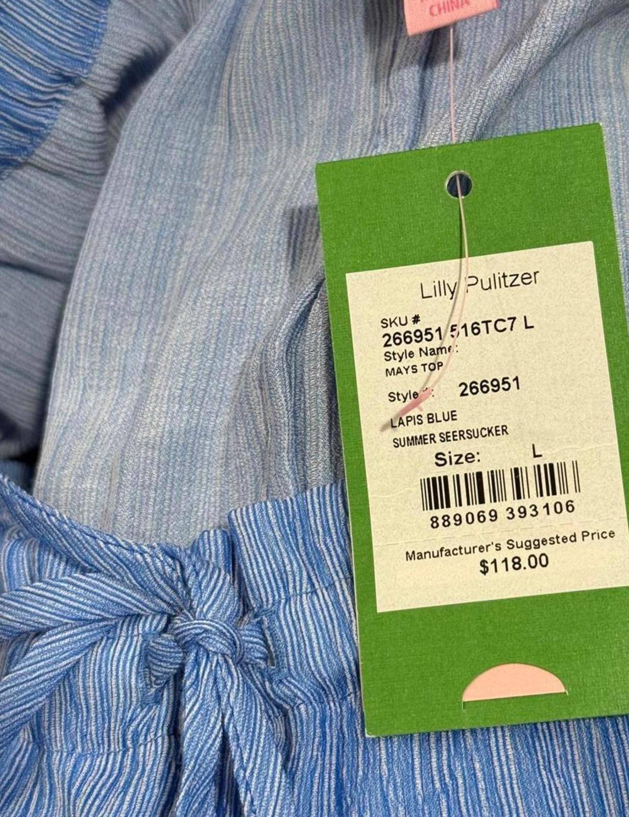 Lilly Pulitzer Summer Seersucker Light Blue Ruffled Top, Large (NWT)
