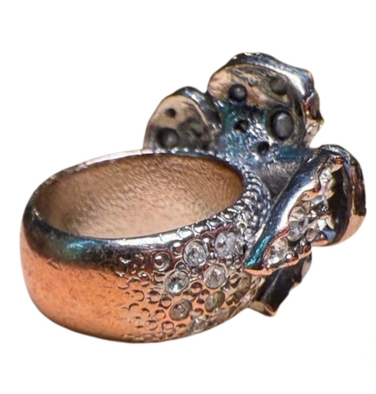 Chanel Camellia Flower Ring, Silver-Tone with Rhinestones, Size 6.75