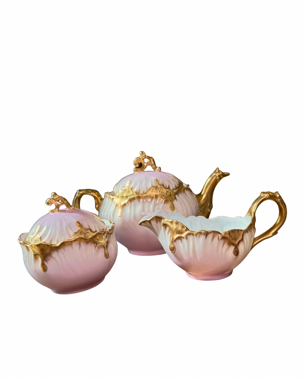Front view: Vintage Limoges France Tea Set – Teapot, Creamer & Sugar Bowl