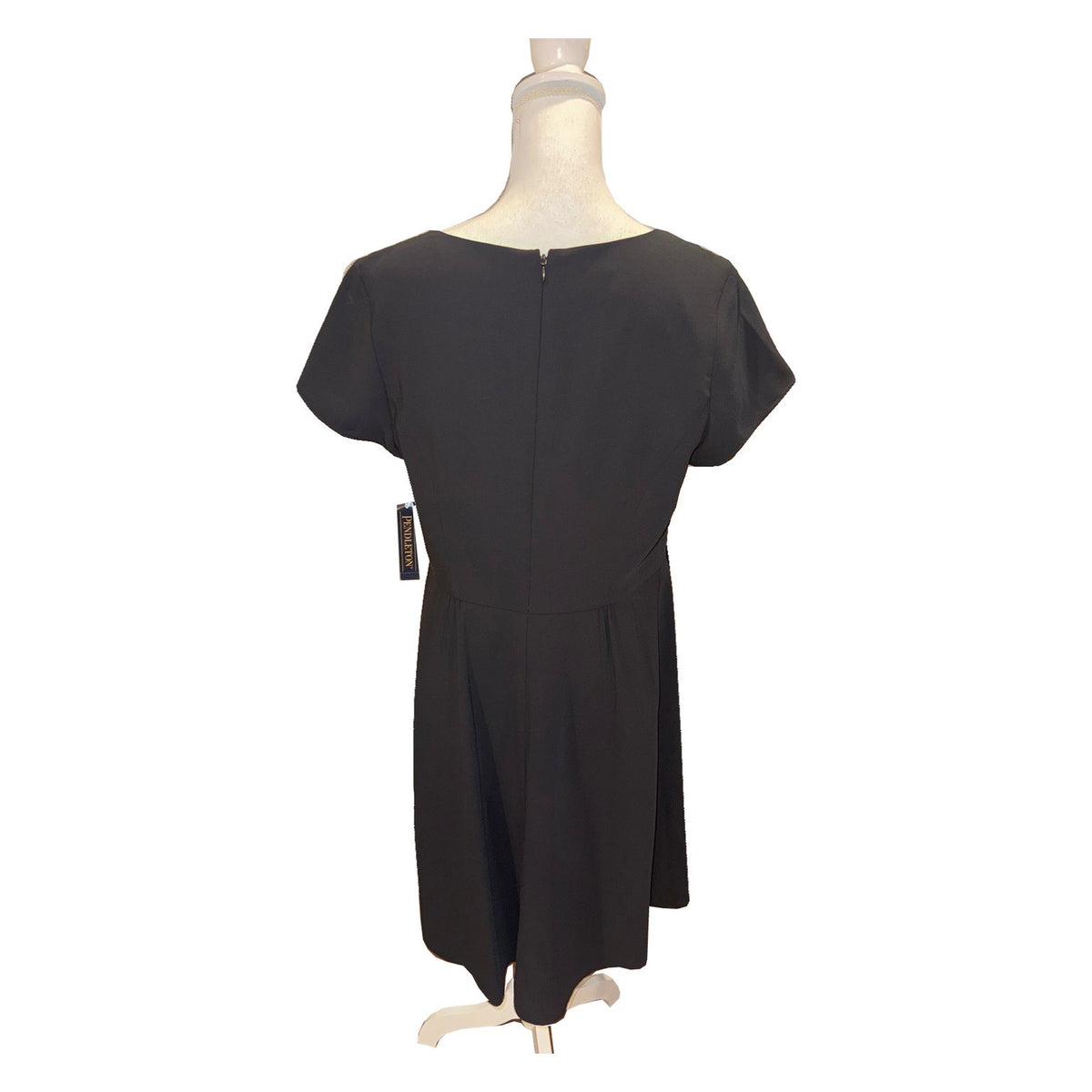 Back of the black Pendleton dress with center zipper and pleated fit-and-flare skirt.