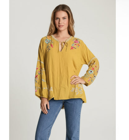 New Johnny Was Womens Peasant Blouse Size M Mustard Yellow Floral Embroidered