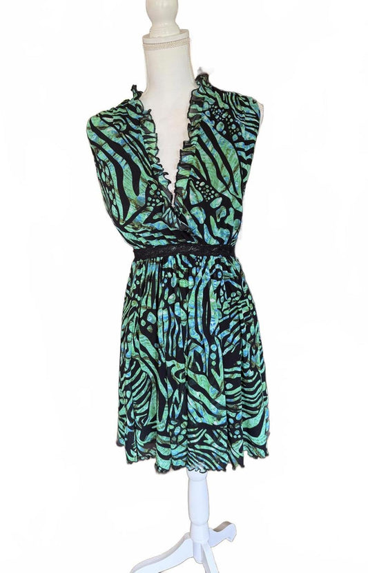 New Fuzzi Sleeveless Green and Black Patterned Dress, Size Small