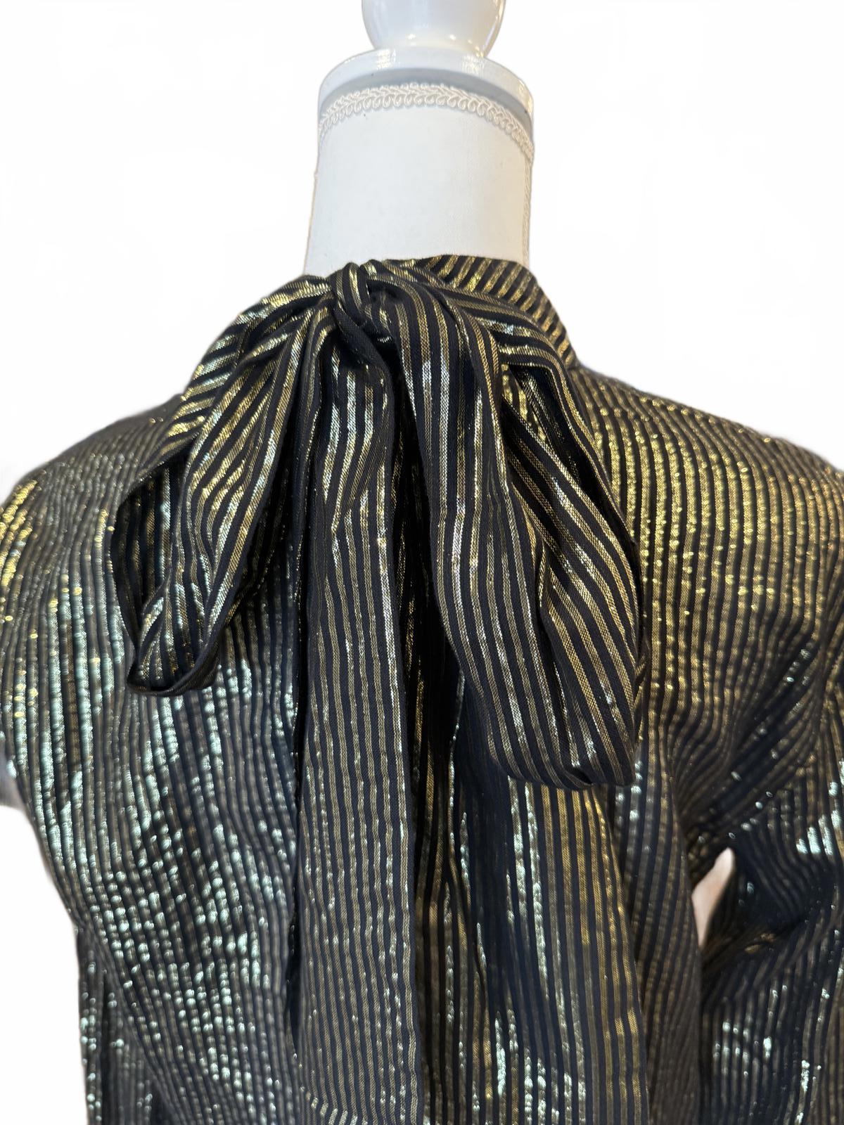 ASOS Design Gold and Black Striped Long Sleeve Top with Bow Tie Back, Medium