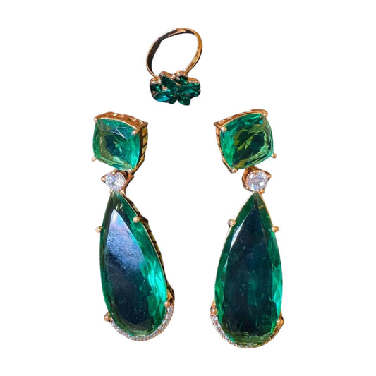 New Emerald Tone Statement Earring & Ring Set