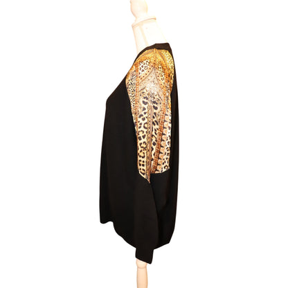 Camilla Black Sweater Mini Dress With Silk Animal Print Sleeves, Medium