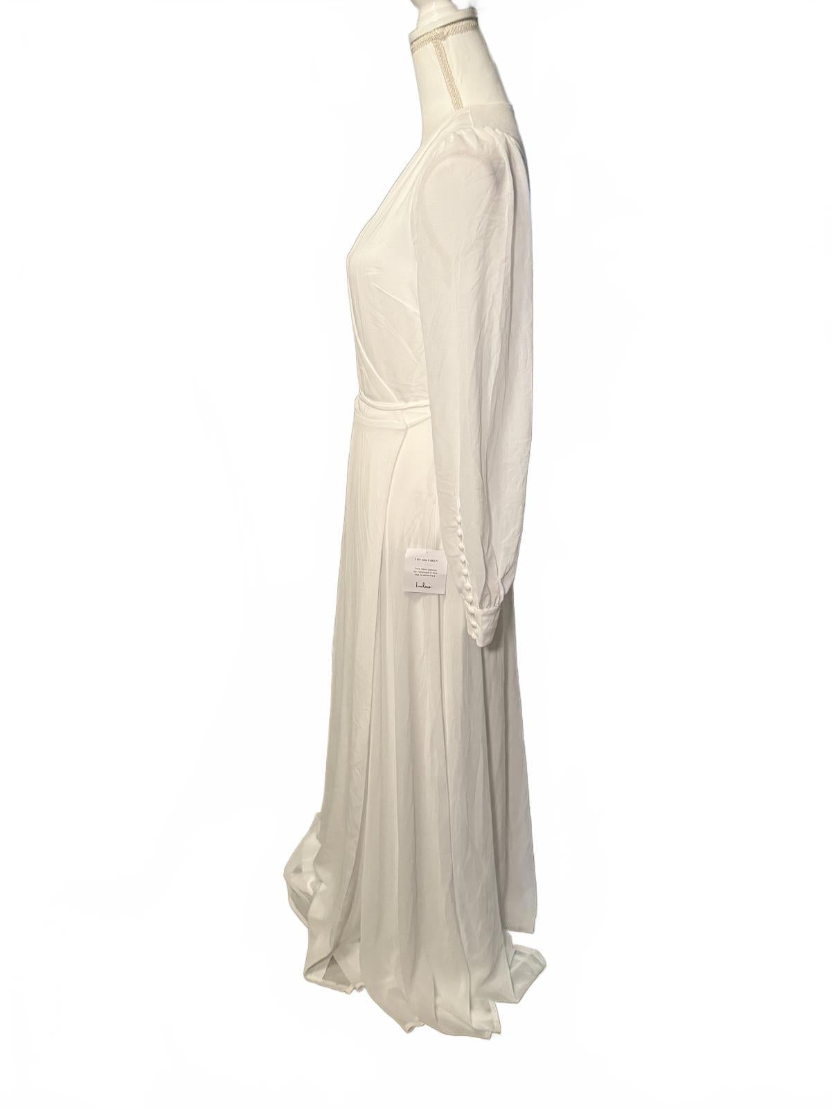 New Lulus Long Sleeve White Wrap Maxi Dress with Button Sleeve Details, Large